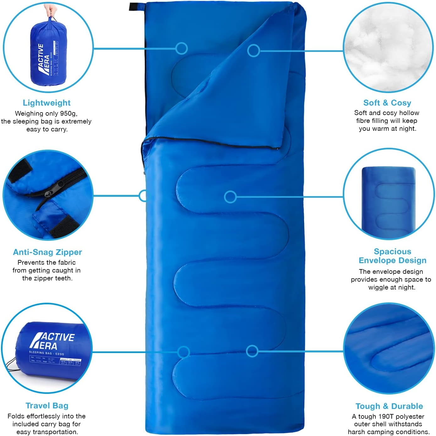 Active Era Camping Sleeping Bag for Adults - Warm, Compact, Lightweight Polyester Sleeping Bag for Camping Adult - Indoor & Outdoor Summer Camping Sleeping Bags for Adults, Boys and Girls