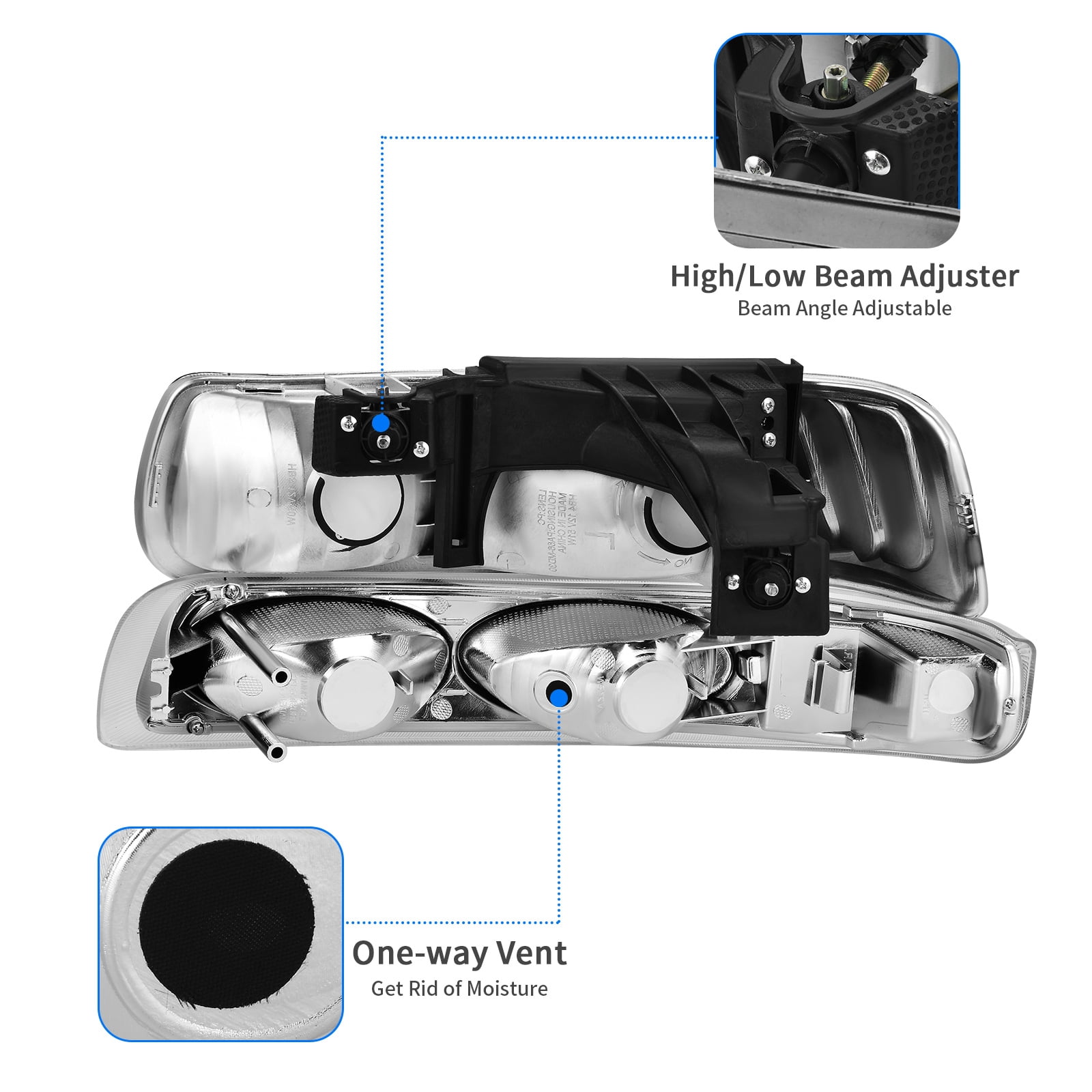 RVNI Headlights + Bumper Lamp for 1999-2002 Silverado 00-06 Tahoe Suburban Left+Right