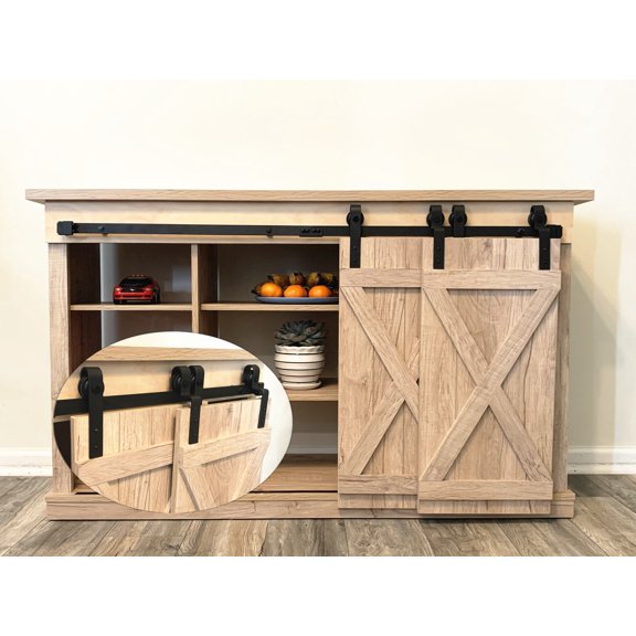 Bronco Hardware 2FT-10FT Mini Single Track Bypass Sliding Barn Door Hardware Kit For Small TV Stands, Perfect For Wardrobe Cabinets, For Double Doors (2.5FT Flat Track Hardware No Cabinet)