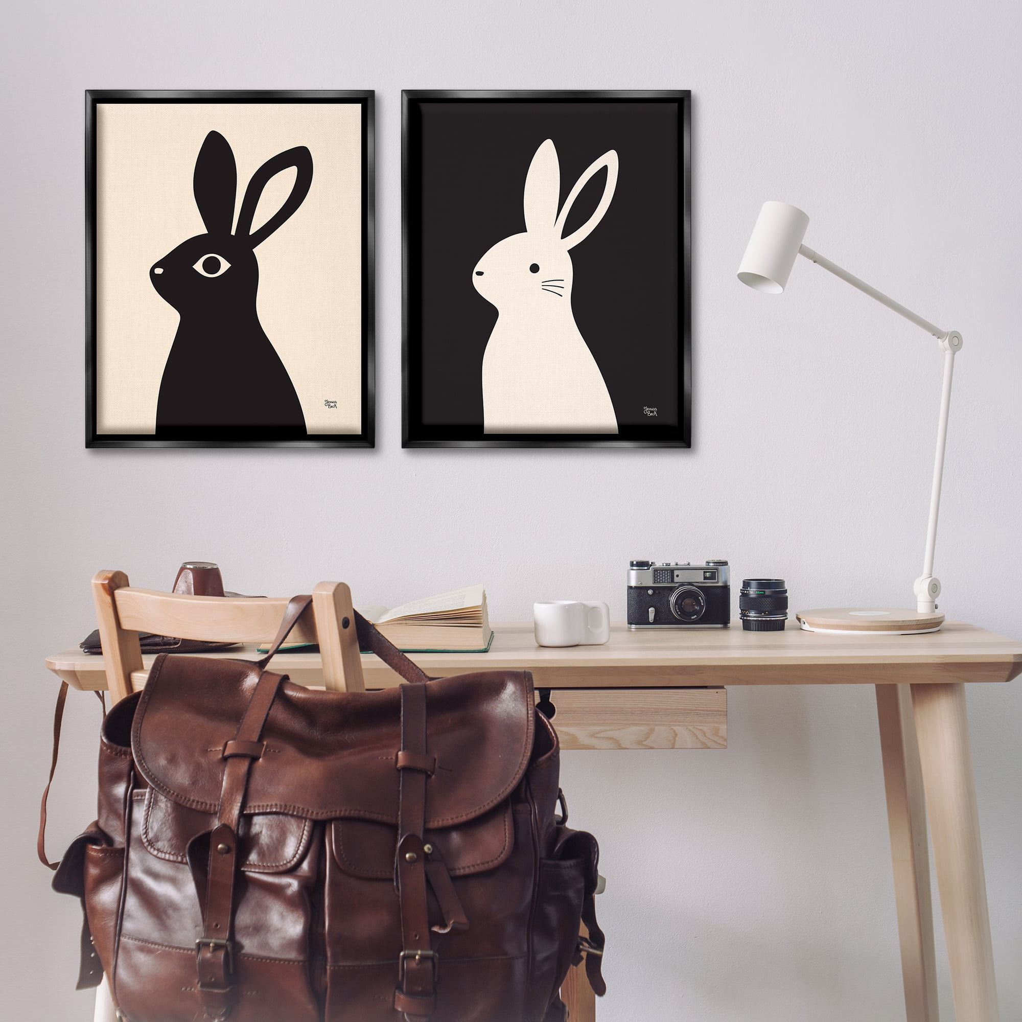 Stupell Industries Cream & Black Rabbits Animals Painting Black Floater Framed Canvas Art Print Wall Art, 31 x 25, Set of 2