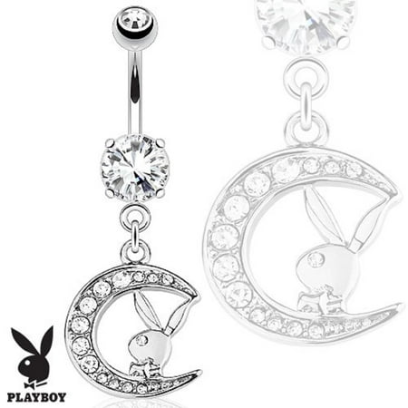 Bunny Belly Button Rings Belly Button Ring Playboy Bunny with Paved Gemmed Moon Dangle 316L Surgical Steel Navel Ring ()