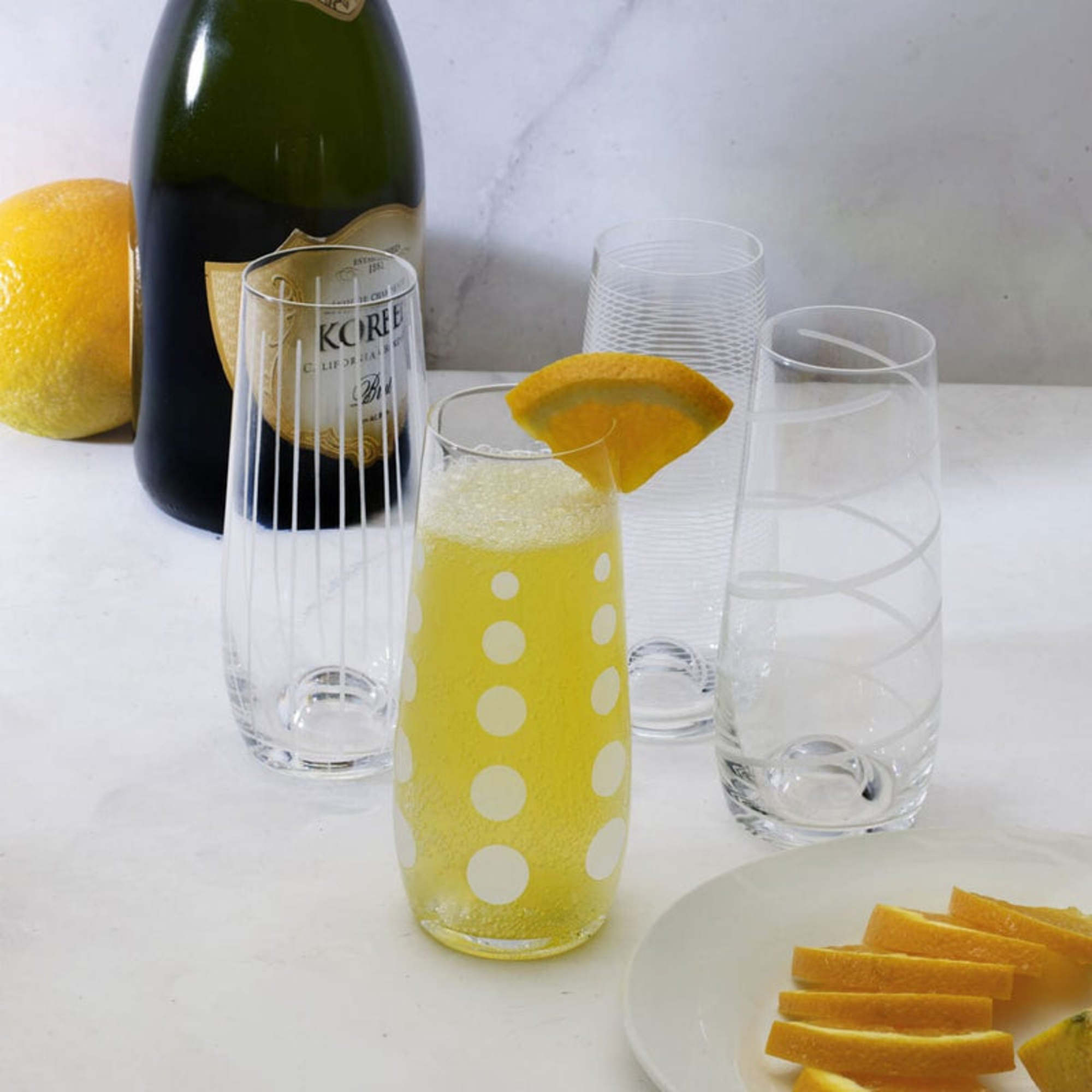 Mikasa Cheers Stemless Flutes, Set of 4 - 7.5 Oz Crystal Champagne Glasses with Playful Dot, Line & Swirl Designs - Unique Toasting Glassware for Sparkling Wine & Cocktails, Lead-Free