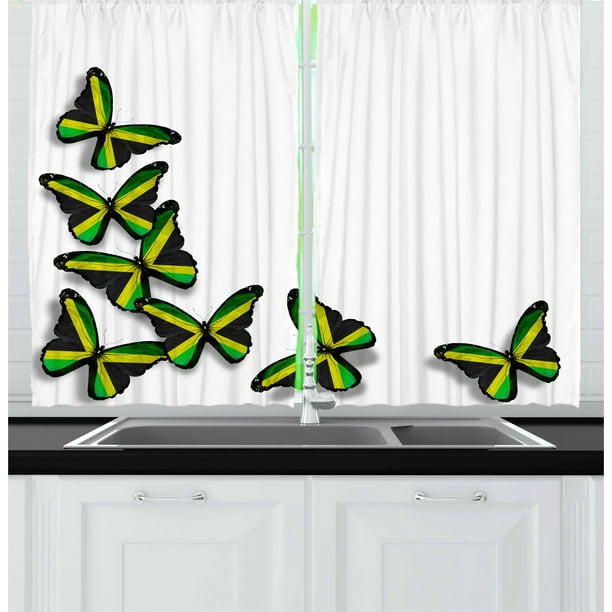 Jamaican Kitchen Curtains, Buterflies Flag Motifs Caribbean Animal Illustration Rasta Culture