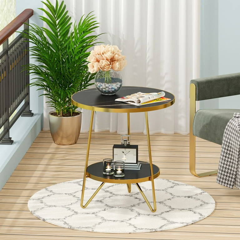 Marble End Table 2 Tier Round Side Table with Shelves Modern Gold Nightstand Bedside Table Small Coffee Accent Table for Living Room Bedroom Black
