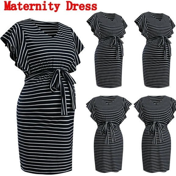 Maternity Dresses for Women 2024 Short Sleeve Pregnant Stripe Summer Ladies Strapless Dress Casual