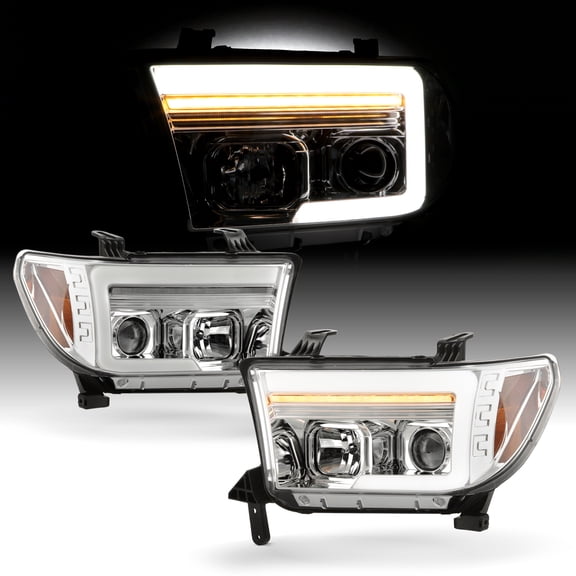 AKKON - For 2007-2009 Toyota Tundra | 2008-2010 Sequoia Sequential LED Tube Signal Projector Headlights Chrome Housing