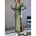 thumbnail image 5 of Women'S Long Sleeve Collar V Neck Maxi Dress Slit Thigh Ribbed Knit Bodycon Dresses Green L, 5 of 9