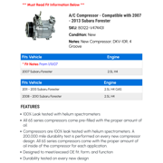 A/C Compressor - Compatible with 2007 - 2013 Subaru Forester 2008 2009 2010 2011 2012