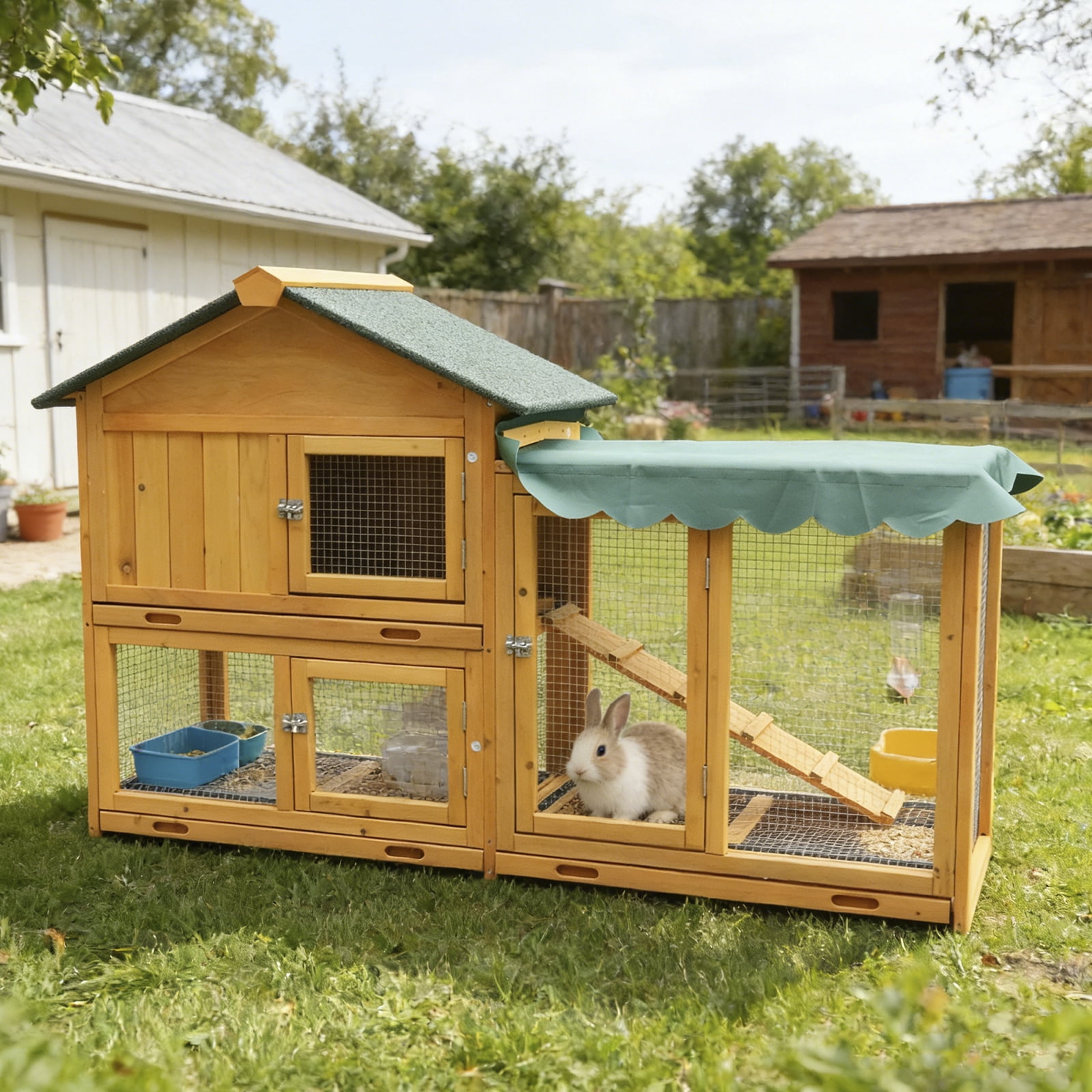 61" Large Wooden Rabbit Hutch with Run, 2-Tier Bunny Cage Indoor Outdoor with Pull-Out Tray & Waterproof Roof, Pet House for Rabbits, Chickens, Hamsters, Guinea Pigs