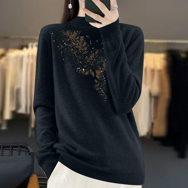 Suéter de cuello alto para mujer, color liso, con diamantes de imitación, cuello medio alto, suéter de punto, blusa para mujer