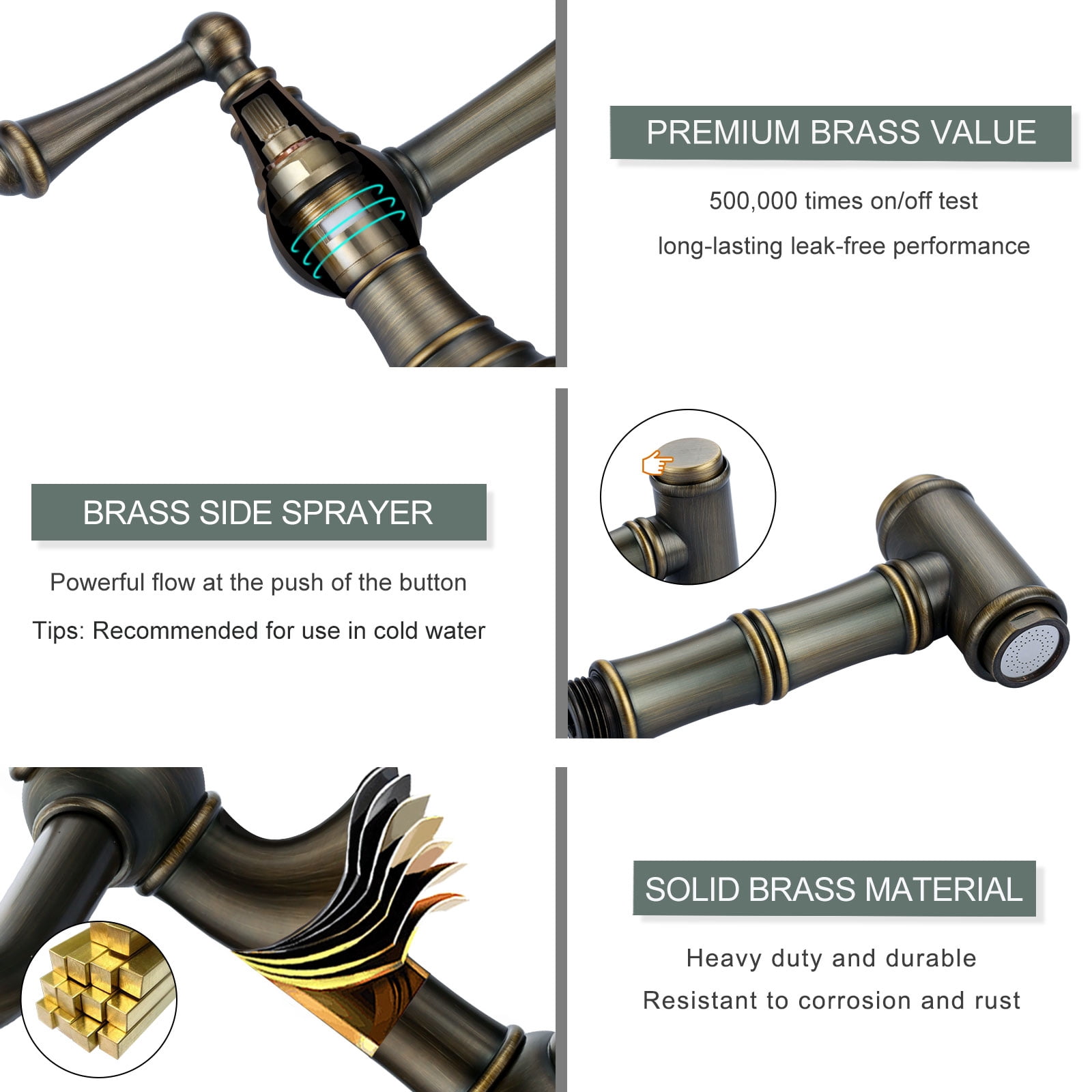 Wowow Double Handle 8 Inch Centerset Bridge Kitchen Faucet with Side Sprayer,Solid Brass Kitchen Faucet in Antique Bronze