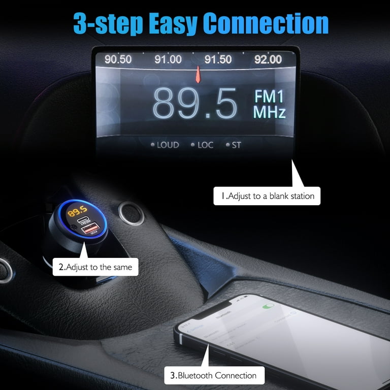 LENCENT Car FM Transmitter, Wireless Bluetooth 5.1 Radio Adapter Car Kit  with Big Button, Type C PD 20W and QC3.0 18W Car Fast Charger, Bass  Lossless Hi-Fi Sound Music Streaming, Wireless Call 