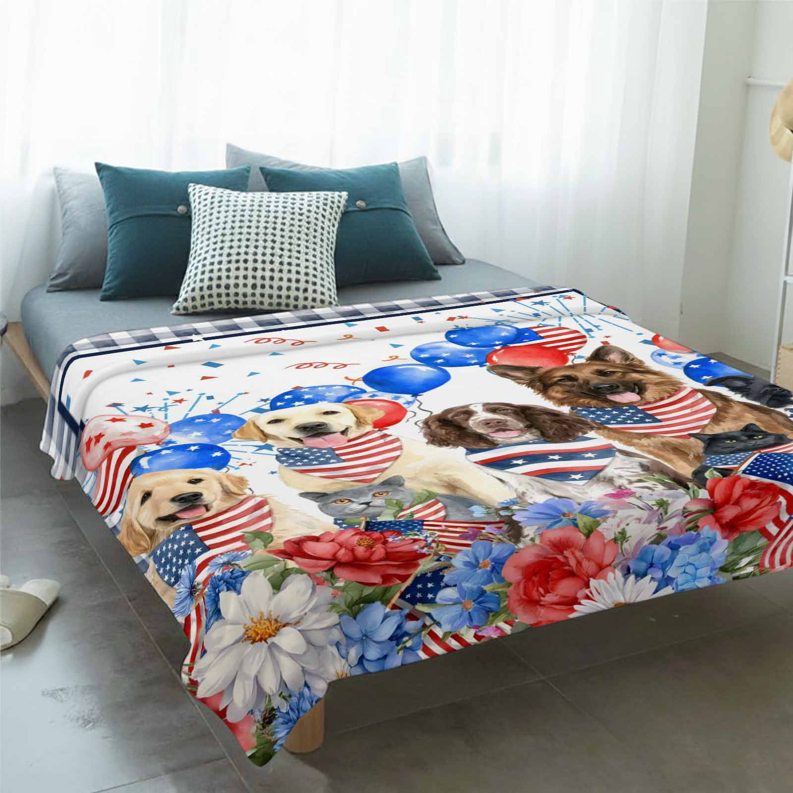 Independence Day Blanket Soft Cozy Warm Throw Blanket for Couch, Plush Fuzzy Flannel Fleece Blankets for Sofa, Red Blue Floral Dogs 4th of July Plaid Bed Blankets Lightweight Gifts for Women, 50"x60"