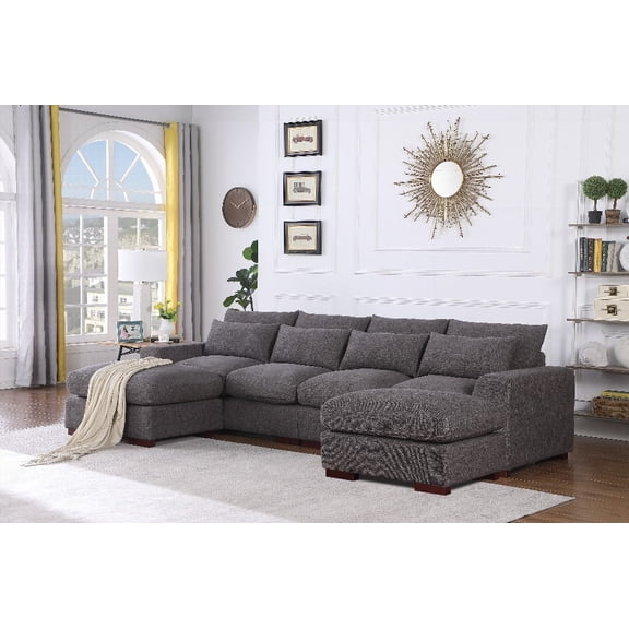 Modern Linen Sectional Sofa with 2 Ottomans (220×80×75cm for Living Room)