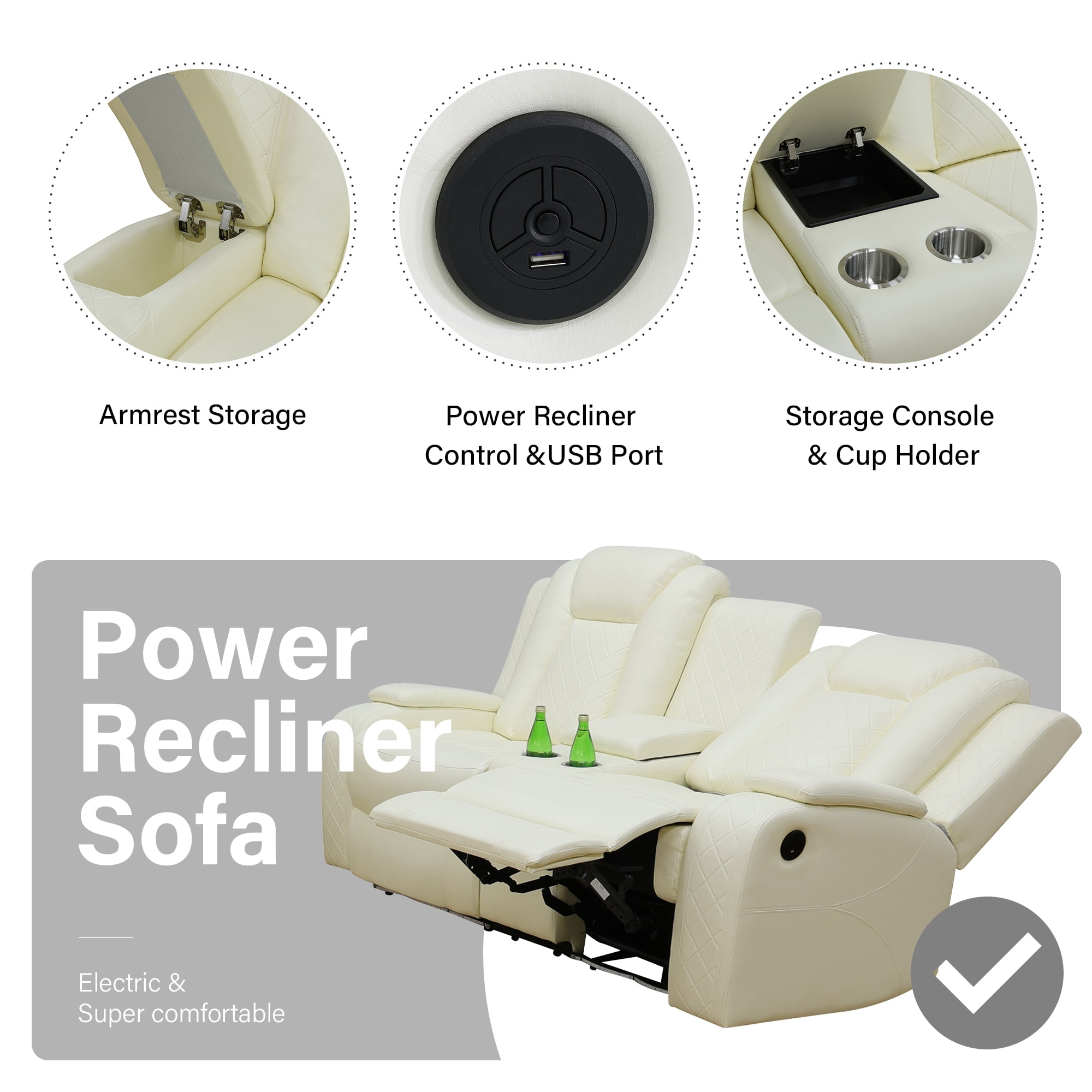 Aukfa 2-Seater Power Recliner Sofa with Cup Holders, USB Charging & Hidden Storage, Modern Electric Loveseat for Living Room Home Theater,White