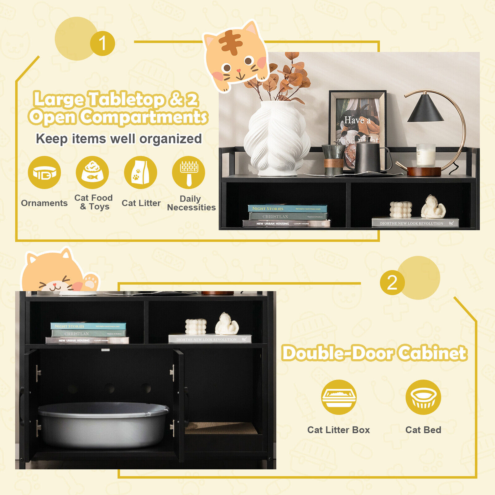 Gymax Large Litter Box Enclosure Cat Wooden Storage Cabinet with 2 Doors Black