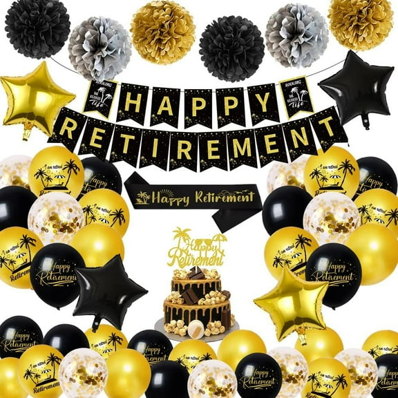 Retirement Decoration for Men Women, Black Gold Retirement Party Decorations With Happy Retirement Banner Sash Balloons Paper Pom Poms Cake Topper