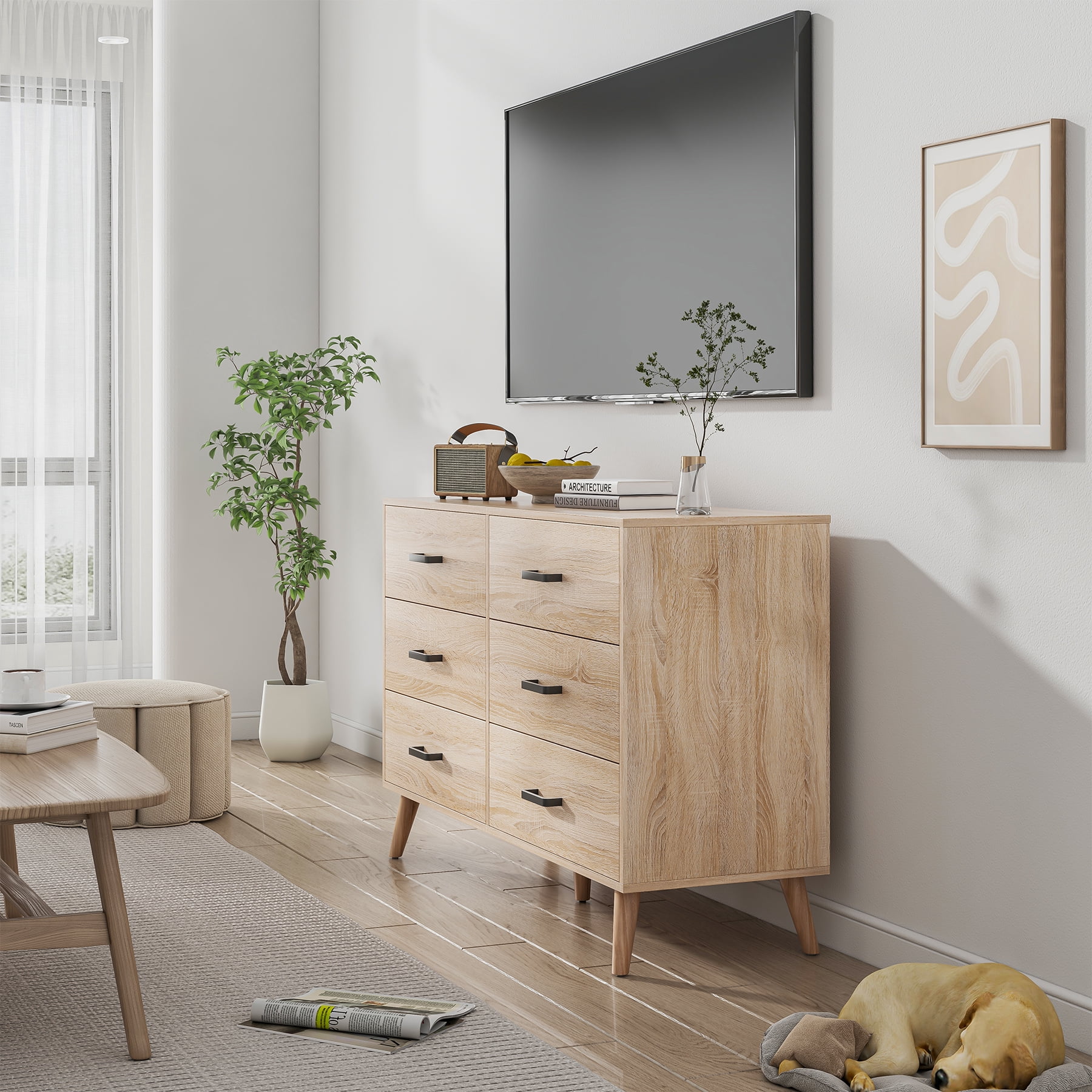 Frmobepts Mid Century Modern Dresser, 6 Drawer Dresser for Bedroom, Wood Dresser with Metal Handles, Light Oak