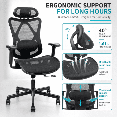 High-Back Ergonomic Office Chair with Adjustable Lumbar, Headrest & Armrests, 90-135° Tilt Lock, Quiet Casters – Home, Gaming, Computer