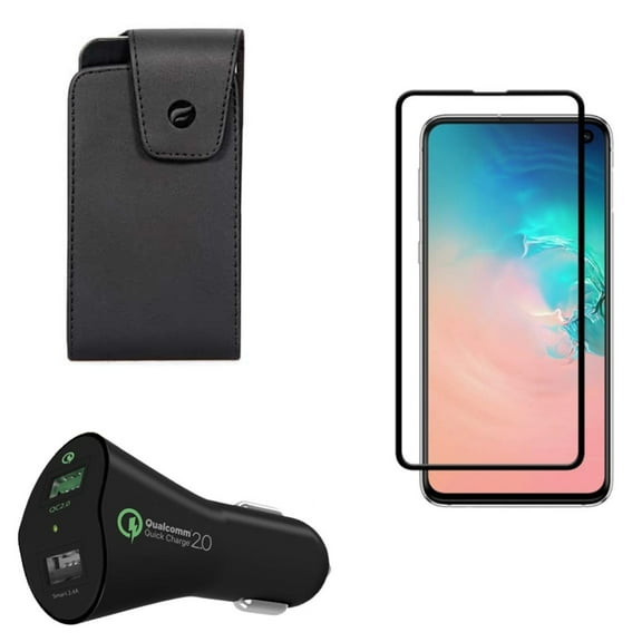 Galaxy S10e Car Charger w Screen Protector w Case Belt Clip - 30W Fast 2-Port USB Power, Tempered Glass 5D Curved Edge, Leather Swivel Holster for Samsung Galaxy S10e Phone