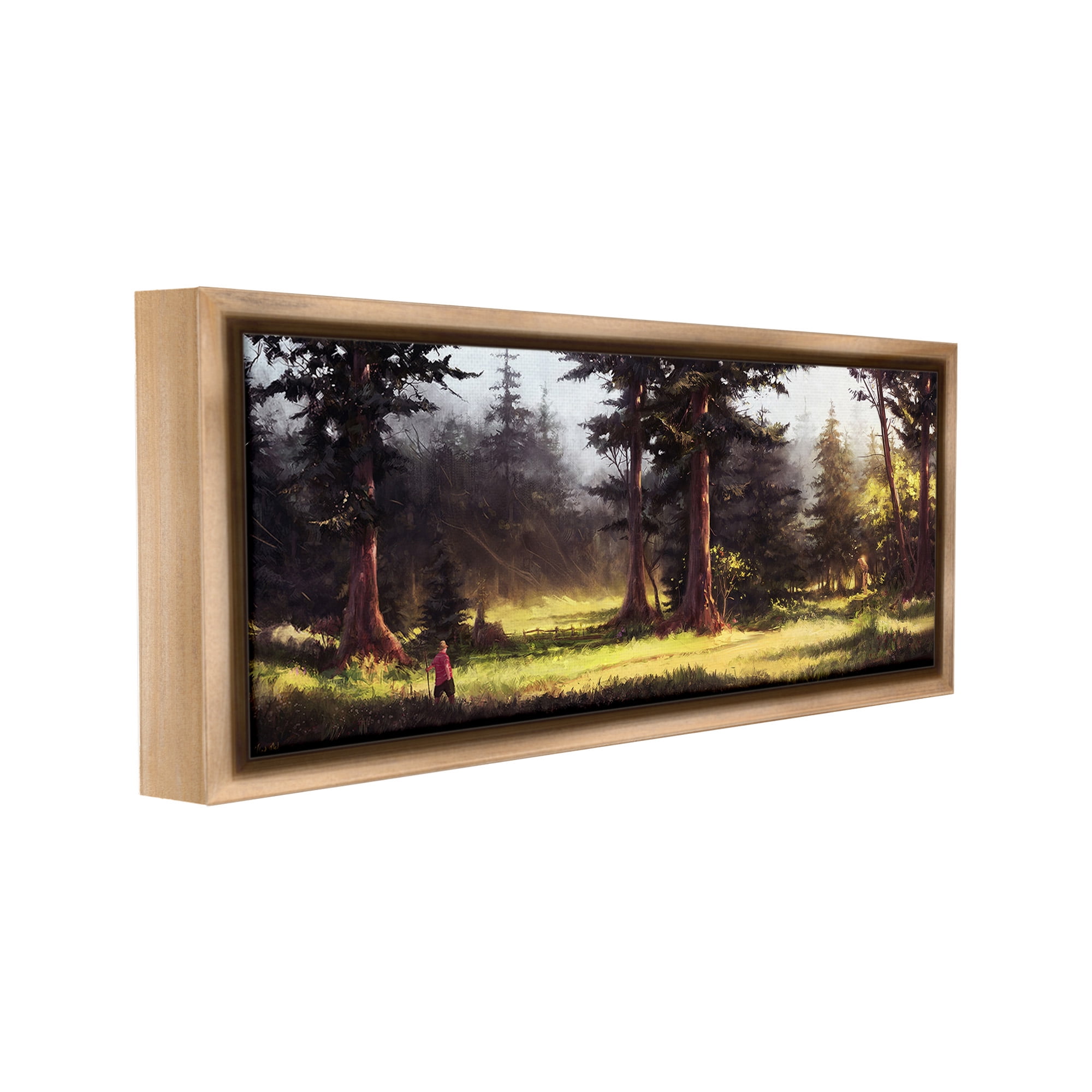 Stupell Industries Hiker in Sunlit Grove Landscape Painting Brown Floater Framed Canvas Art Print Wall Art, 25 x 11