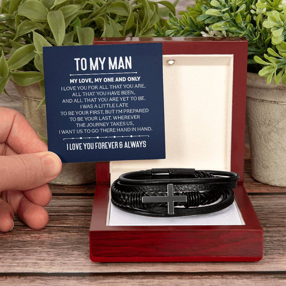 To My Man My Love My One and Only Men's Cross Bracelet - Vegan Leather with Stainless Steel
