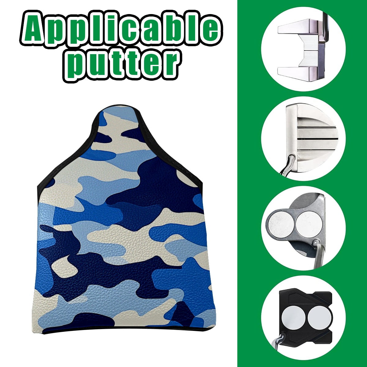 Golf Mallet Putter Cover Premium Leather Waterproof Golf Putter Head Cover with Magnetic Closure Blue White Camouflage Pattern