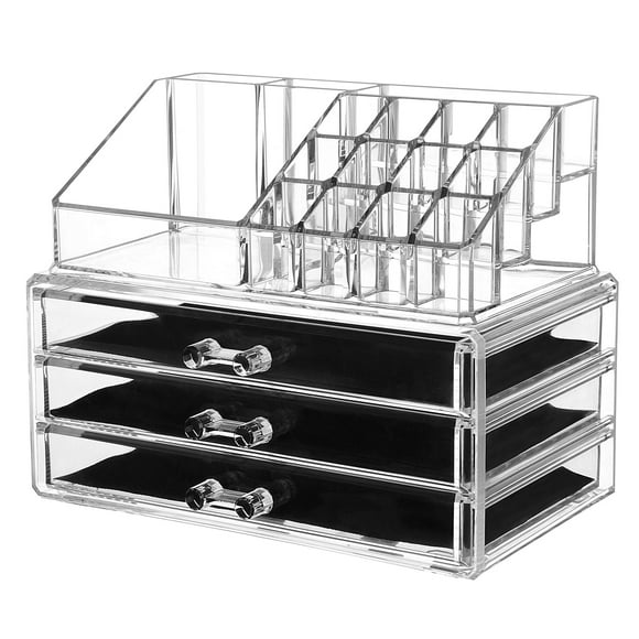 Acrylic Makeup Organizer Detachable 3 Drawers Clear Cosmetic Storage Container Box Case/ 9.4" X 7.5", 2 Pieces Set