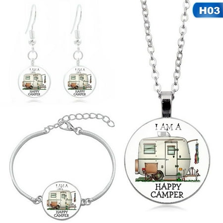 KABOER 4Pcs\/Set Happy Campers Time Gem Necklace Bracelet Earrings Suit Series Women Fashion Jewelry Accessories