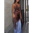thumbnail image 2 of Brown Satin Lace-Trimmed Asymmetrical Cami Mini Dress With Spaghetti Straps V-Neck Sleeveless Backless Loungewear, 2 of 5