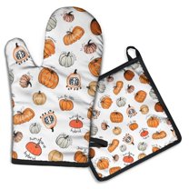 Fall Pumpkin Kitchen Oven Mitt and Pot Holder Sets 2 Pcs for Baking, Cooking and Grilling, Heat Resistant Up To 392 °F