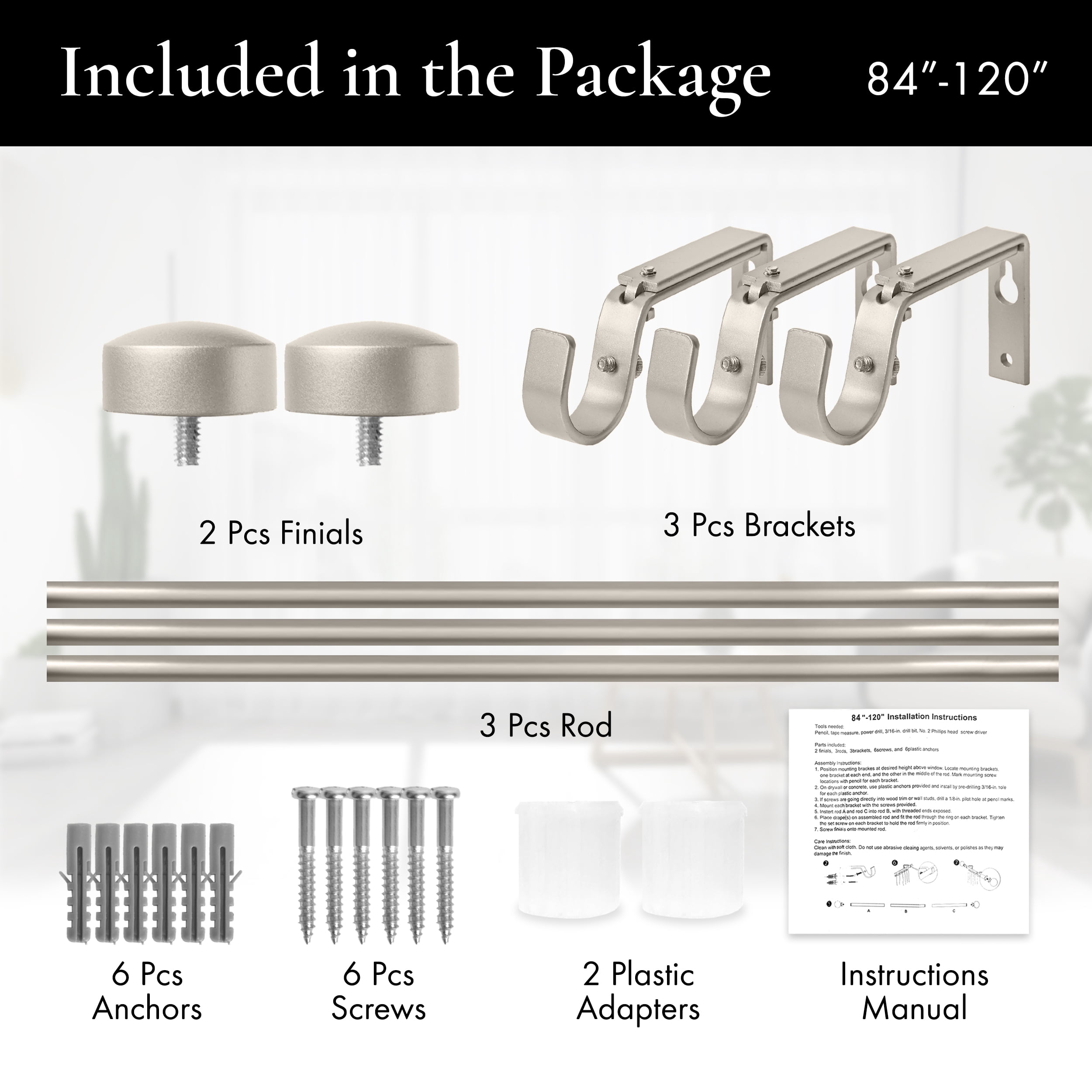 Meriville 1-Inch Diameter End Cap Single Window Treatment Curtain Rod (84"-120", Pewter)