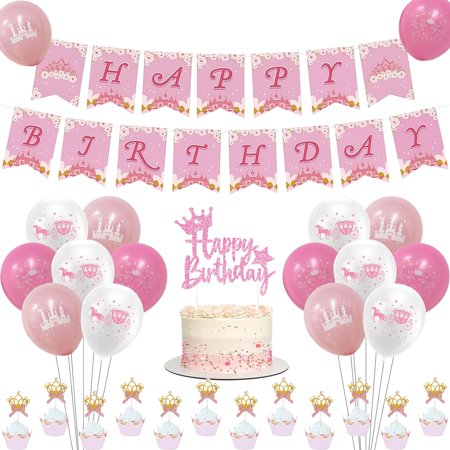 1st Birthday Princess Theme Decorations, Pink Crown 1st Birthday Photo Banner, Princess Happy Birthday Banner, Cake Topper, Printed Balloons for Girls Princess First Birthday Party Decorations