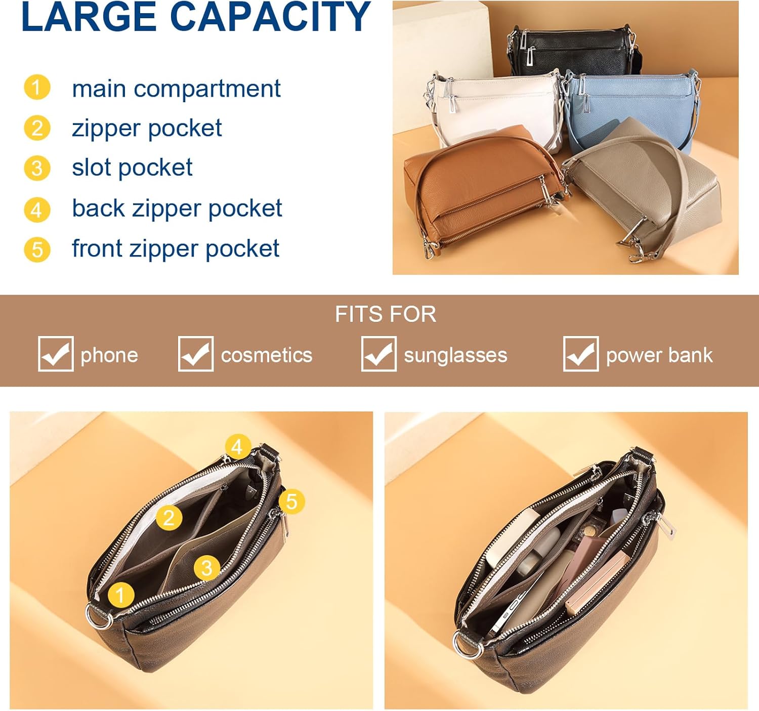 Genuine Leather Hobo Bag for Women Crossbody Shoulder Purses with Dual Straps
