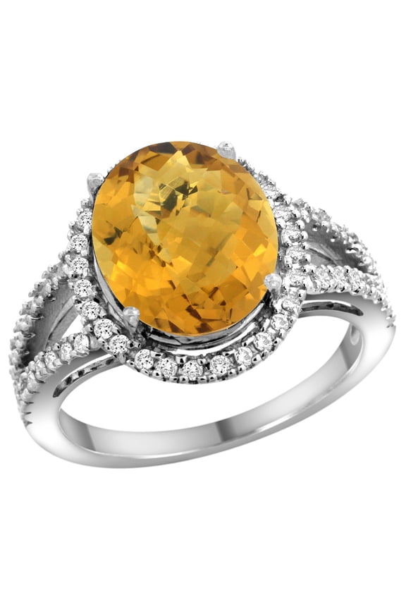 14k White Gold Natural Whisky Quartz Ring Oval 12x10mm Diamond Accents, size 5.5