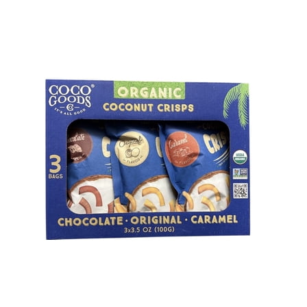 CocoGoods Co Organic Coconut Crisps Chips Chocolate, Original And Caramel Flavors 3 Bags 3.5 Oz