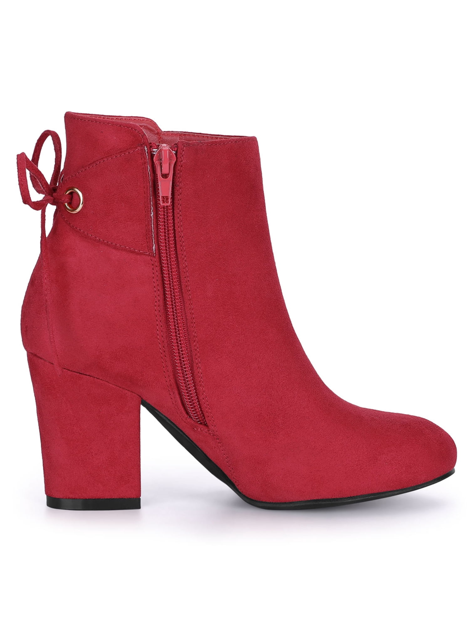 Unique Bargains Women's Round Toe Block Heel Back Zipper Ankle Boots Red 10