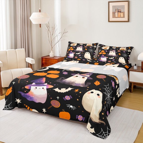 Manfei Spooky Halloween Bed Sheets Set Twin Size, Magical Ghost Bed Sheets Twin, Cartoon Theme Bedding Twin Size, Super Cozy Room Decoration, 3pcs