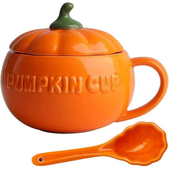 Halloween Pumpkin Shaped Coffee Mug with Lid and Spoon (16 oz), Fall Autumn Mugs, Cute Orange Ceramic Soup Bowl, Thanksgiving Cups