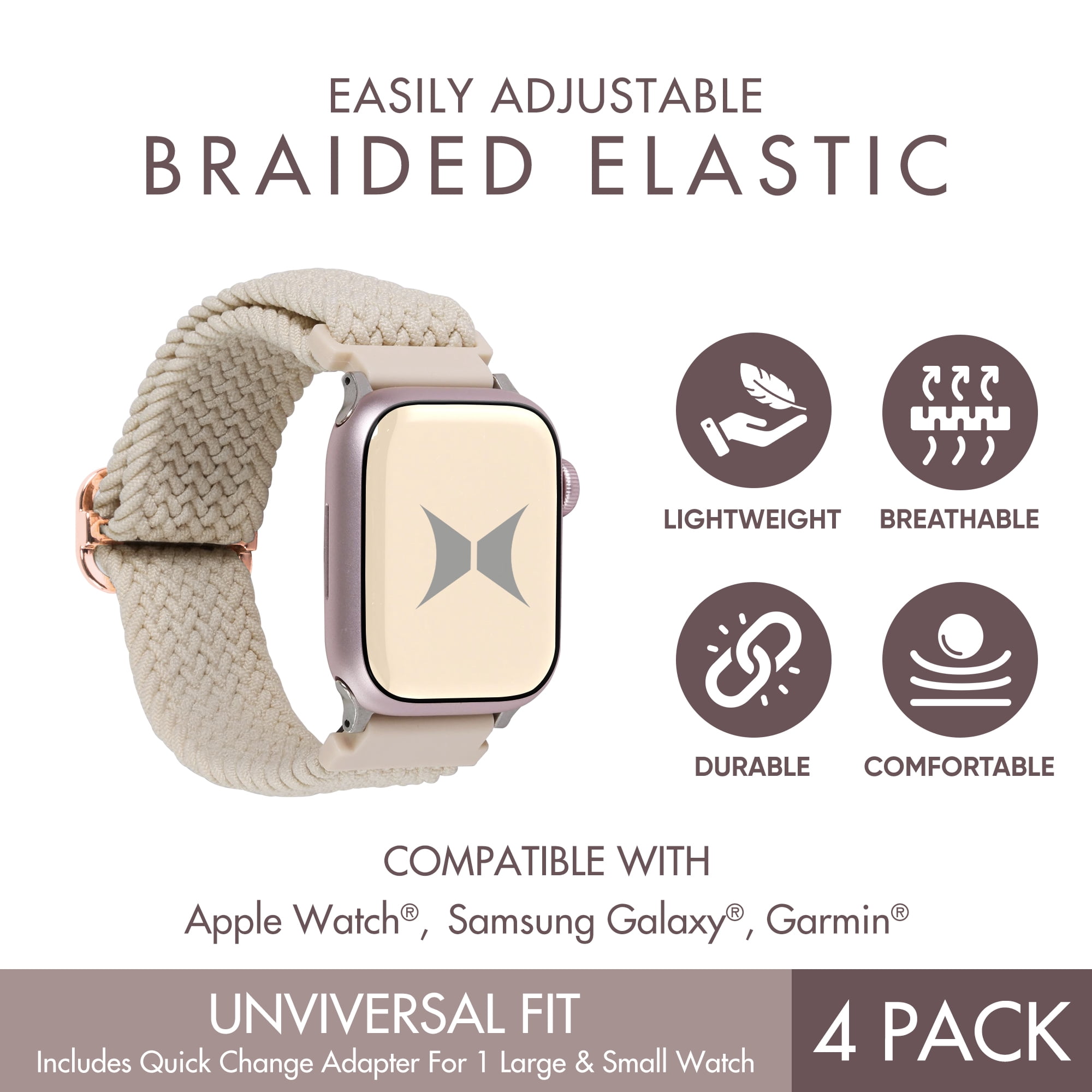Xtreme Braided Elastic Smart Watch Band 4-Pack – Universal Fit, Adjustable, Compatible with Apple Watch, Samsung Galaxy and Garmin, Lightweight, Durable