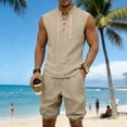 thumbnail image 2 of Eryao Big and Tall Men Workout Set 2 Piece Casual Sleeveless V Neck Muscle Shirts and Elastic Waist Shorts with Pockets Summer Beach Vacation Lounge Sets,Khaki,M, 2 of 9