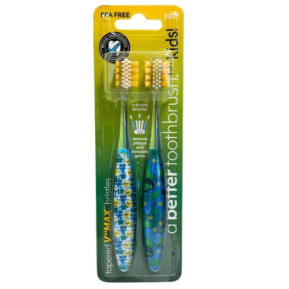 2 Pack Kids Soft Bristle Toothbrushes with Purple Smiley Character Handles Easy Grip Design for Daily Oral Care, Purple
