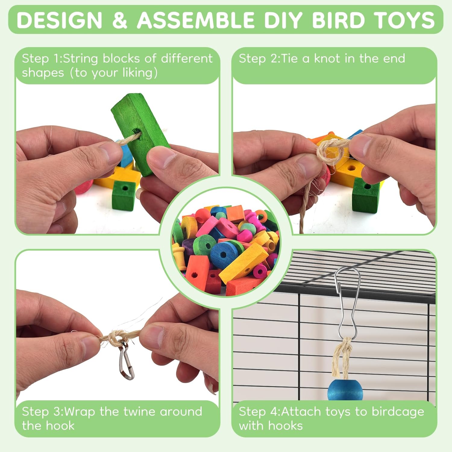 Bird Toys, Colorful Multi-Shaped DIY Wooden Blocks Craft, Chewing Playing Toy for Parrots