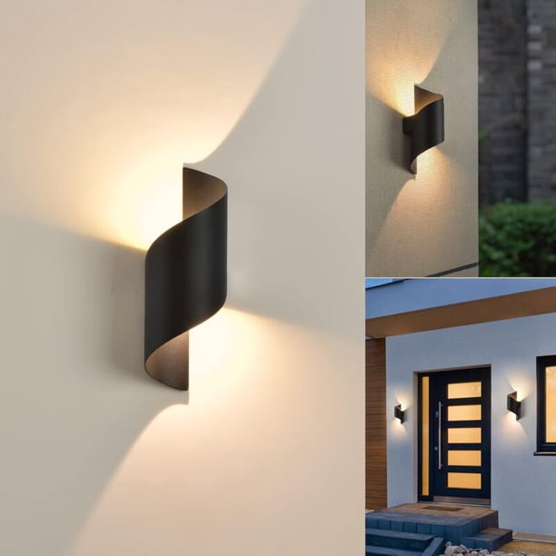Indoor/Outdoor Wall Light, 10W 3000K Warm White Lamp, Modern Up Down Light Fixture, Waterproof IP65 Lighting, Metal Spiral for Bar, Bedroom, Black