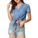 thumbnail image 5 of Camisa corta de manga corta con botones y lazo frontal para mujer Inspire Chic, rayas, azul profundo, talla M, 5 of 6