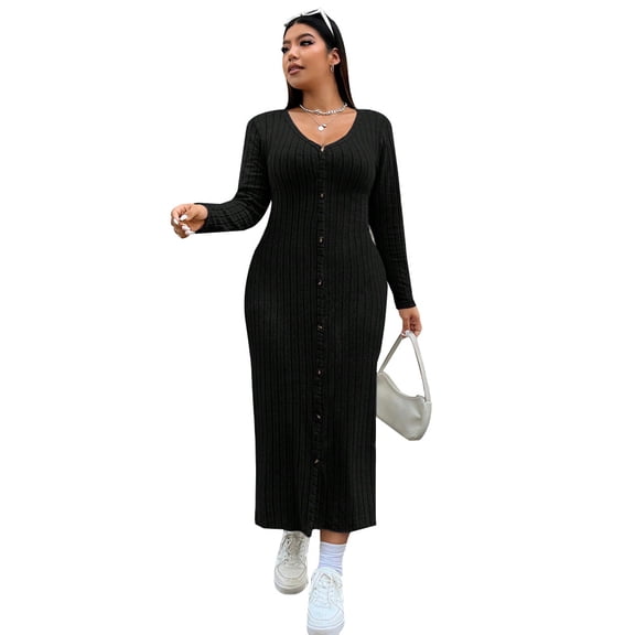 AURA Plus Size Knit Maxi Dress Long Sleeve U Neck High Waist Bodycon Elegant Casual Fall Winter