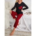 thumbnail image 3 of Conjunto de pijama de 2 piezas para mujer, Top con estampado de corazón, cuello en V, manga larga, pantalones a cuadros cómodos, 3 of 4