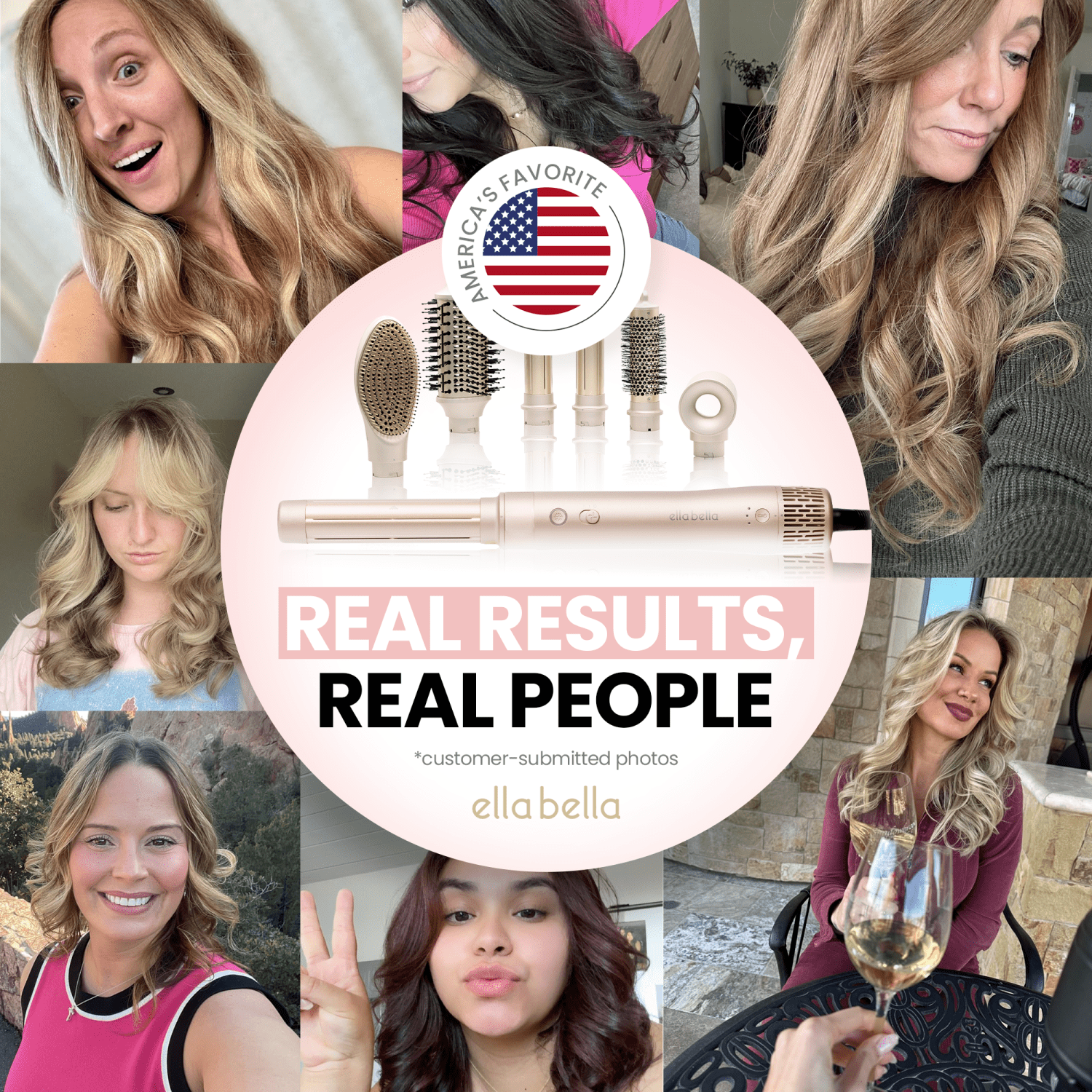 ELLA BELLA® 6 in 1 Professional Hot Air Styler • Powerful Hair Dryer & Straightener Set • Fast Drying Curling Volumizing Straightening Styling • Includes Protective Travel Case (Champagne)