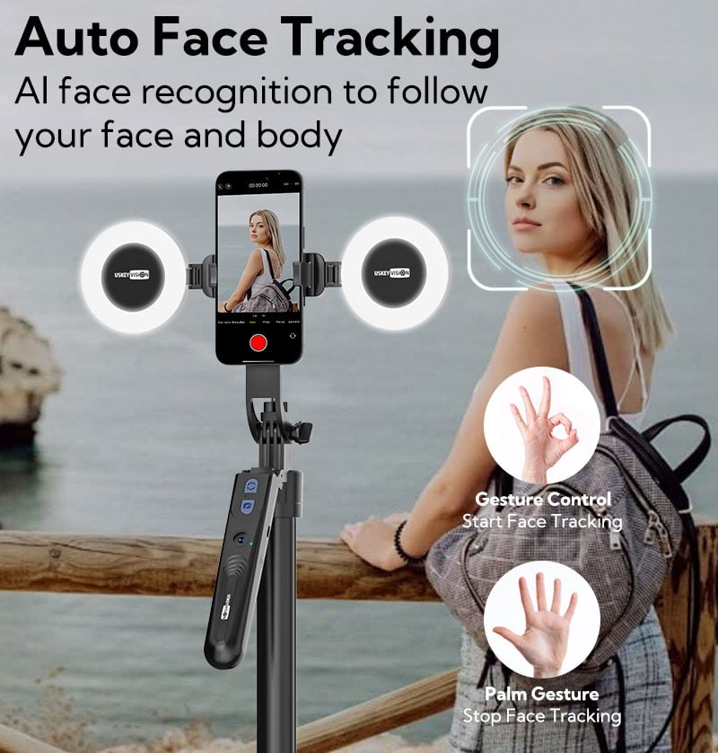 USKEYVISION Auto Face Tracking Tripod 360 Rotation,Phone Tripod for iPhone w/Fill Light,Selfie Stick for iPhone w/Remote Control,70” Phone Holder Video Recording for Content Creators TikTok(UTK-02)