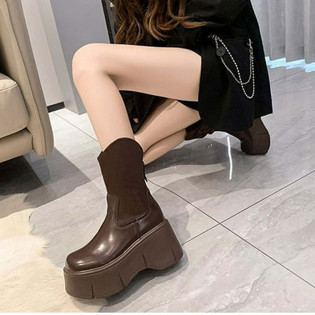 

Zedker Mid Calf Boots For Women Heeled Boots For Women Women S Fashion Slouchy Women S High-Heels Mid Calf Boots 8Cm Thick Sole Wedge Round-Toe Boots